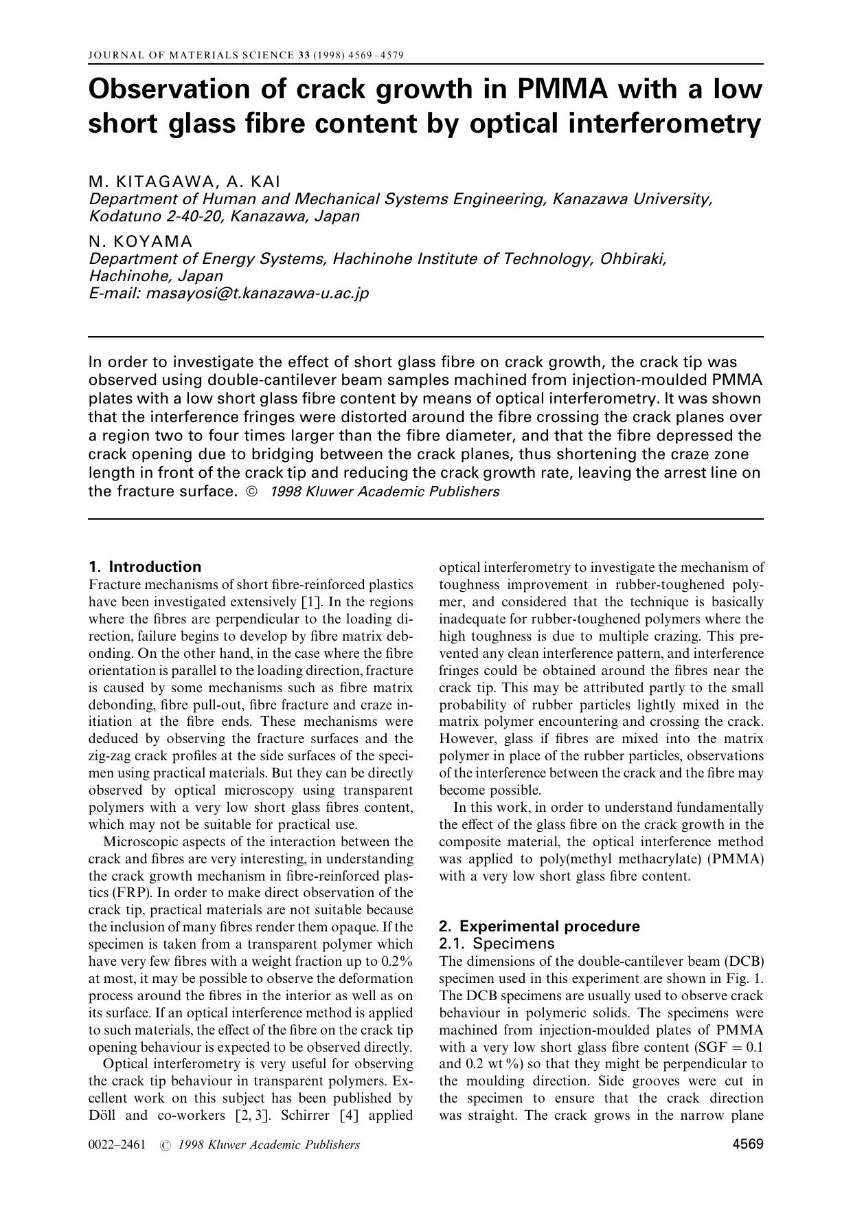 Observation of crack growth in PMMA with a low short glass fibre content by optical interferometry by M. KITAGAWA A. KAI N. KOYAMA