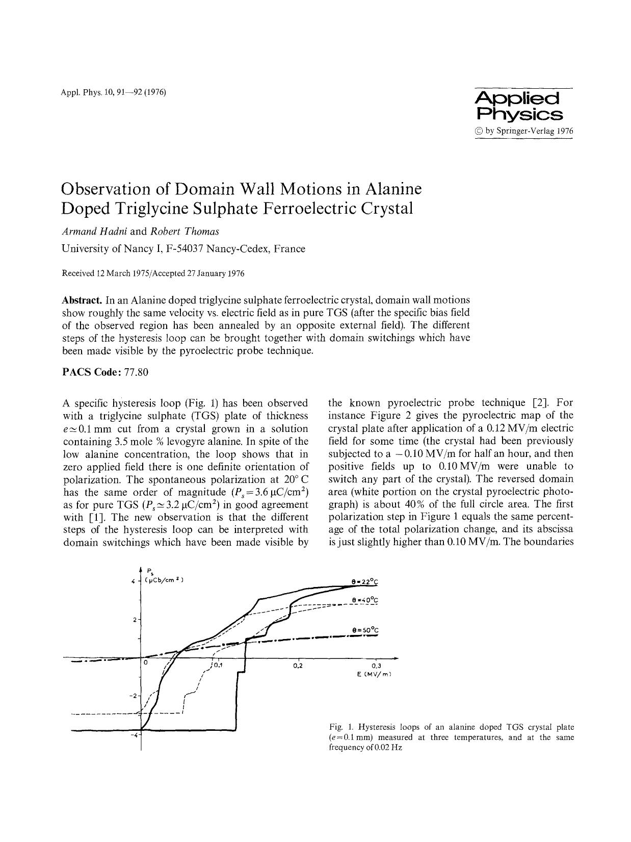 Observation of domain wall motions in alanine doped triglycine sulphate ferroelectric crystal by Unknown