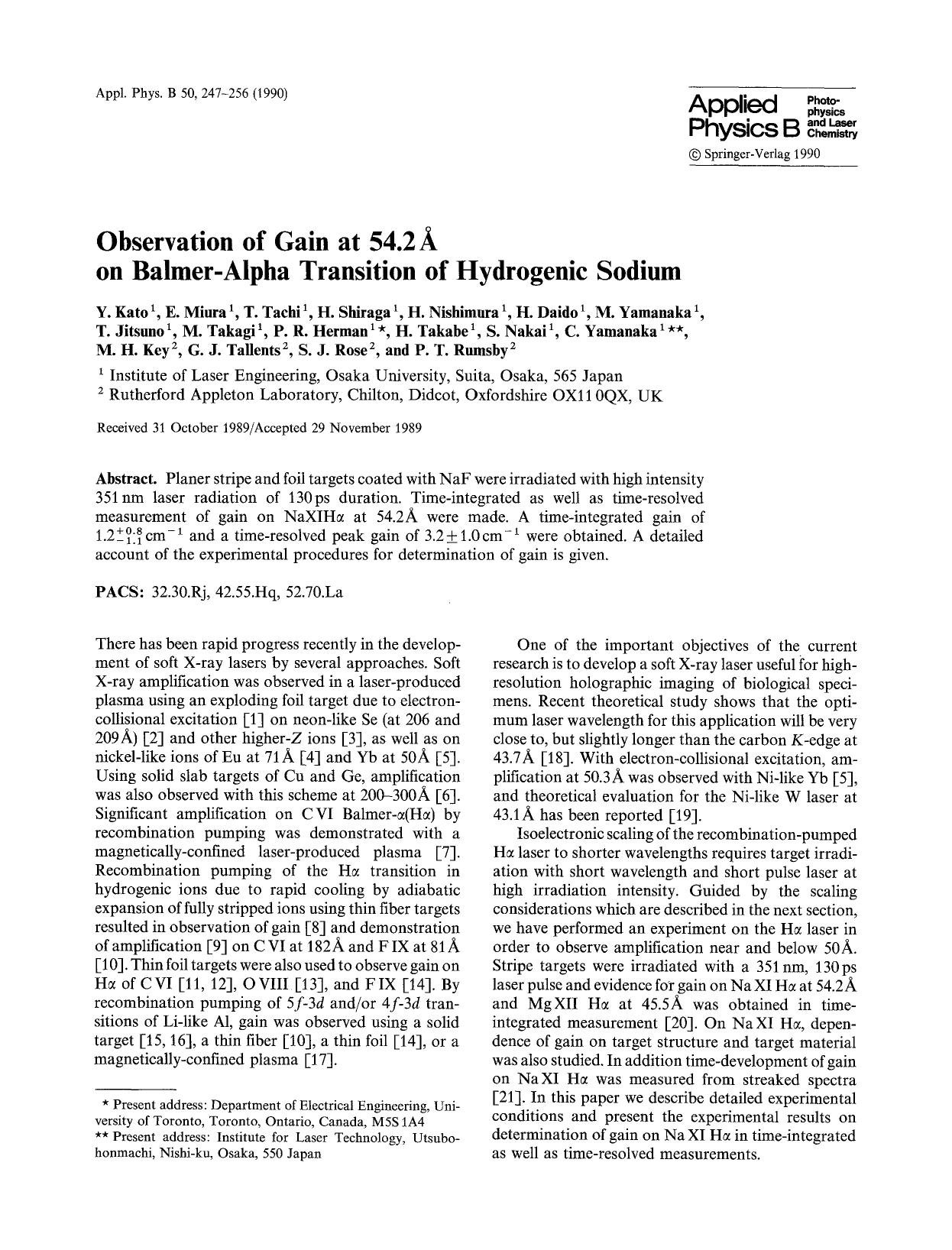 Observation of gain at 54.2 Å on balmer-alpha transition of hydrogenic sodium by unknow