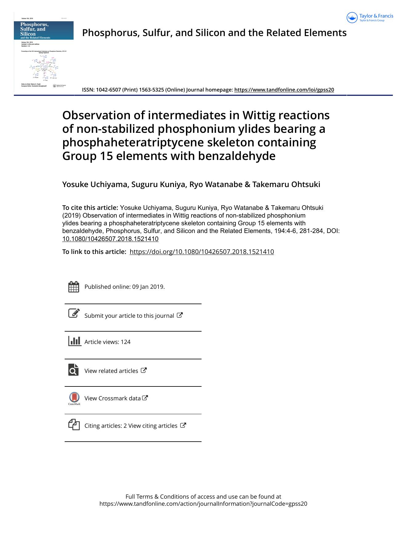 Observation of intermediates in Wittig reactions of non-stabilized phosphonium ylides bearing a phosphaheteratriptycene skeleton containing Group 15 elements with benzaldehyde by Uchiyama Yosuke & Kuniya Suguru & Watanabe Ryo & Ohtsuki Takemaru