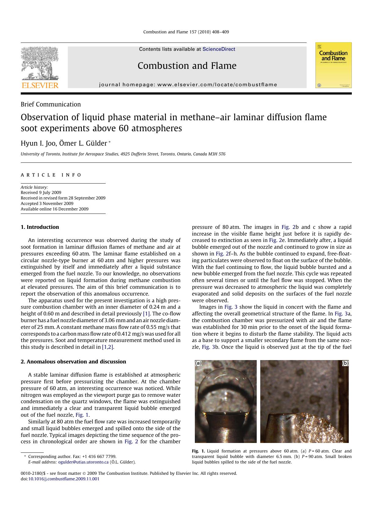 Observation of liquid phase material in methaneâair laminar diffusion flame soot experiments above 60 atmospheres by Hyun I. Joo; Ömer L. Gülder