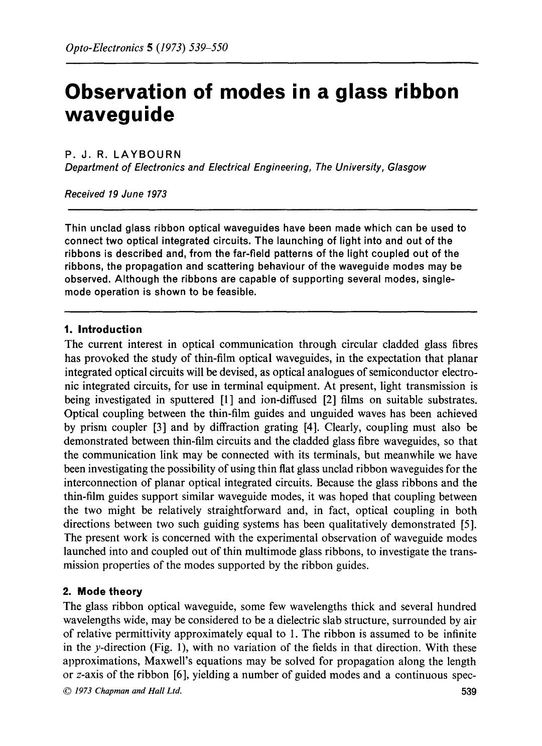 Observation of modes in a glass ribbon waveguide by Unknown