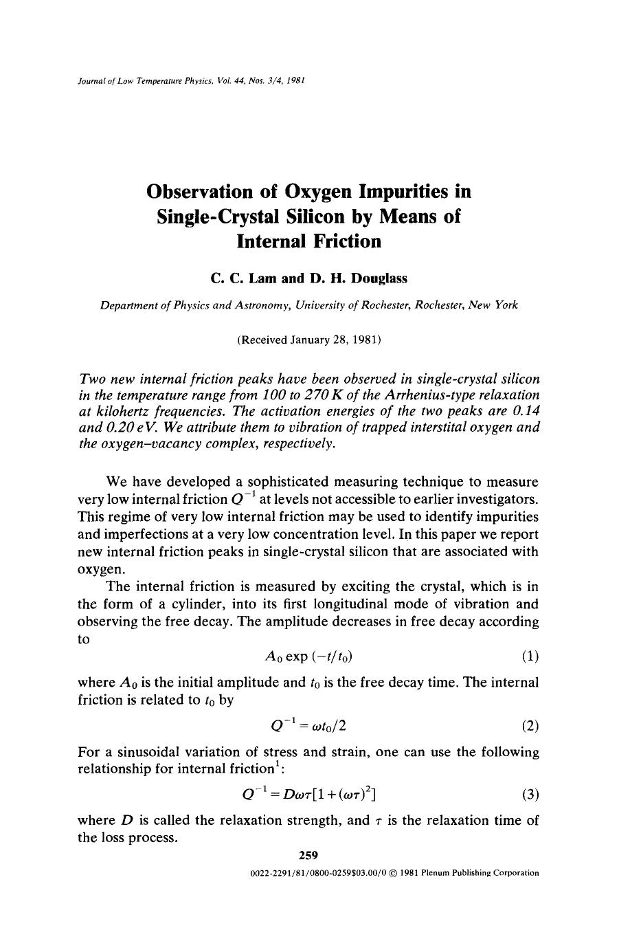 Observation of oxygen impurities in single-crystal silicon by means of internal friction by Unknown