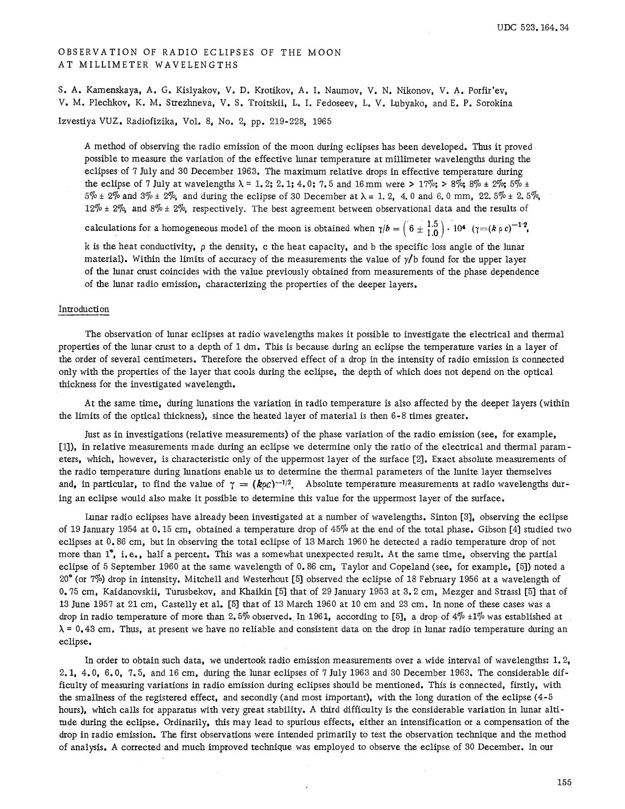 Observation of radio eclipses of the moon at millimeter wavelengths by Unknown