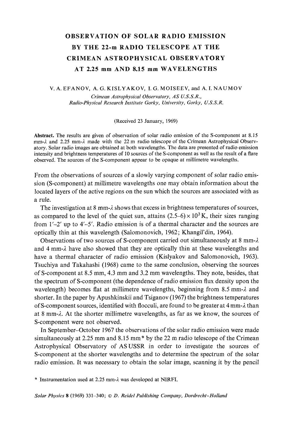Observation of solar radio emission by the 22-m radio telescope at the Crimean Astrophysical Observatory at 2.25 mm and 8.15 mm wavelengths by Unknown