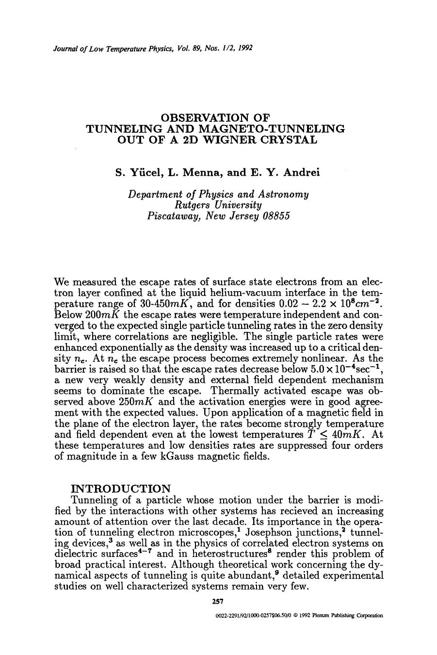 Observation of tunneling and magneto-tunneling out of a 2D Wigner crystal by Unknown