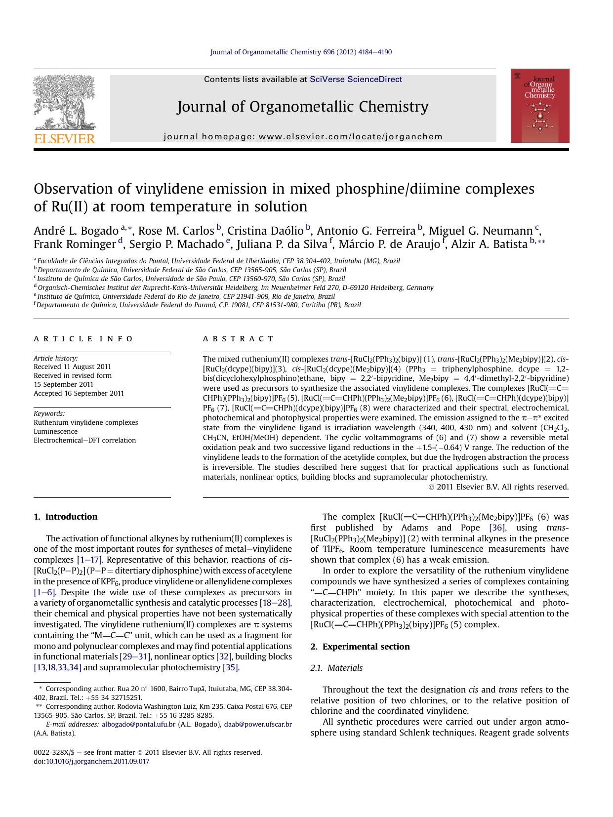 Observation of vinylidene emission in mixed phosphinediimine complexes of Ru(II) at room temperature in solution by unknow