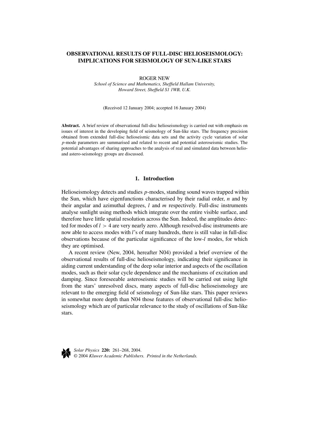 Observational Results of Full-Disc Helioseismology: Implications for Seismology of Sun-like Stars by Unknown
