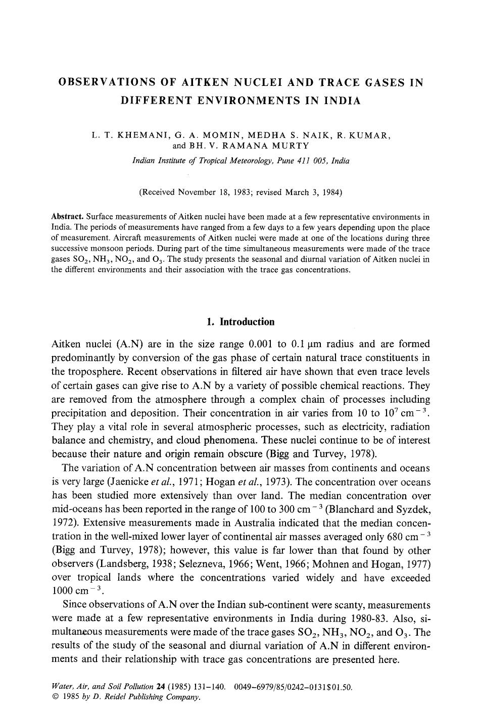 Observations of Aitken nuclei and trace gases in different environments in India by Unknown