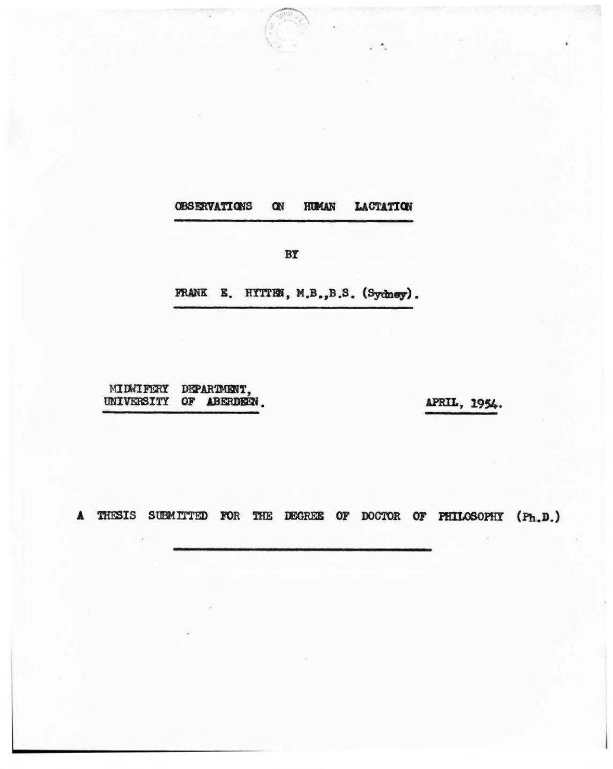 Observations on Human Lactation by Hytten Frank E