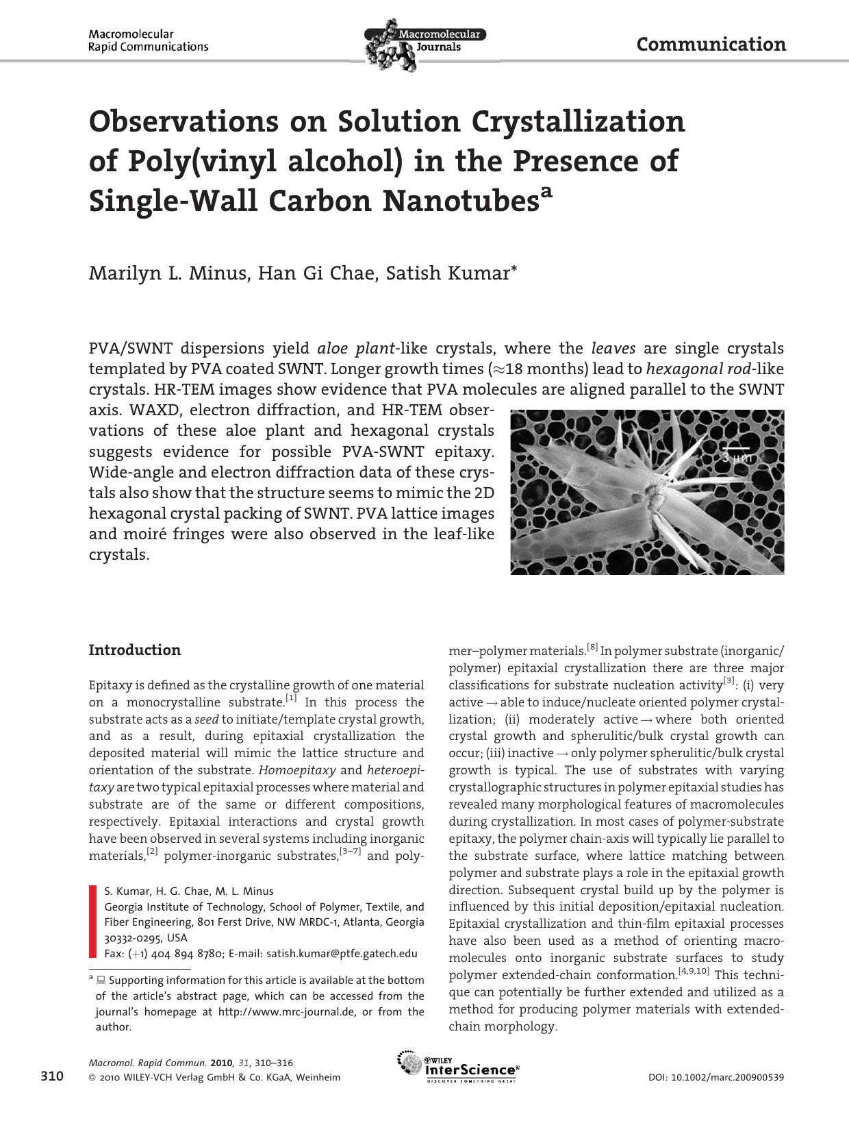 Observations on Solution Crystallization of Poly(vinyl alcohol) in the Presence of Single-Wall Carbon Nanotubes by Unknown