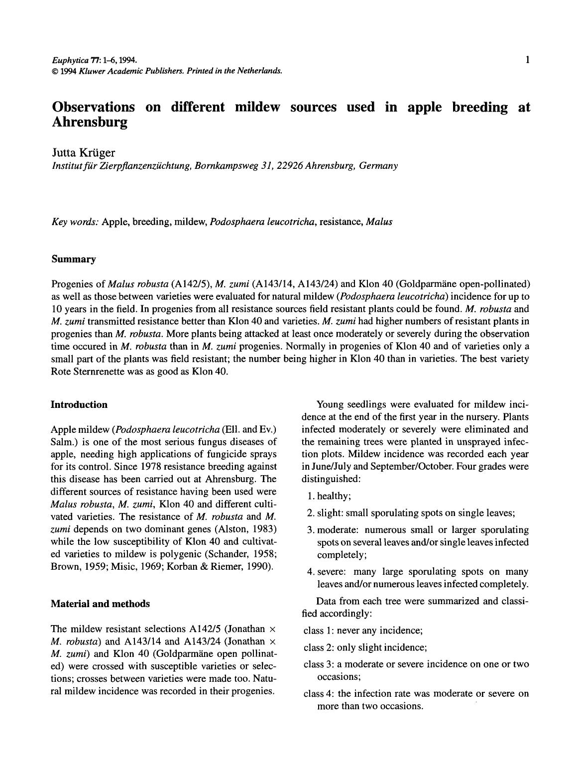 Observations on different mildew sources used in apple breeding at Ahrensburg by Unknown