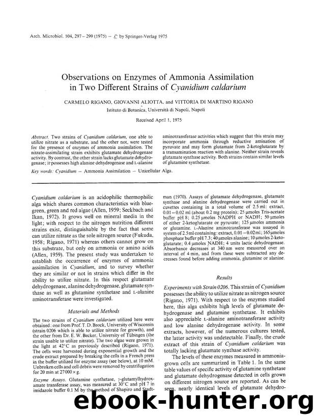 Observations on enzymes of ammonia assimilation in two different strains of <Emphasis Type="Italic">Cyanidium caldarium<Emphasis> by Unknown