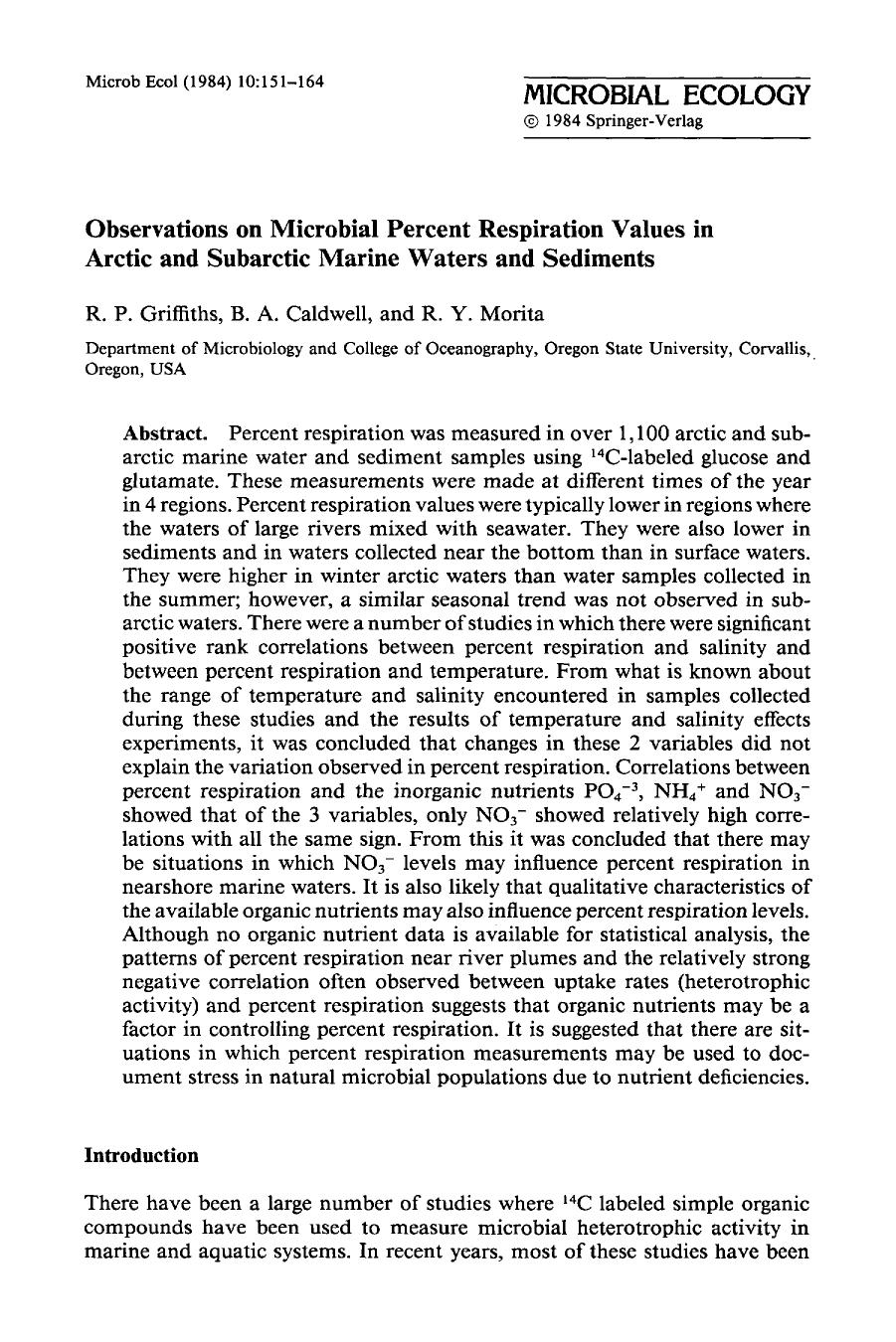 Observations on microbial percent respiration values in arctic and subarctic marine waters and sediments by Unknown