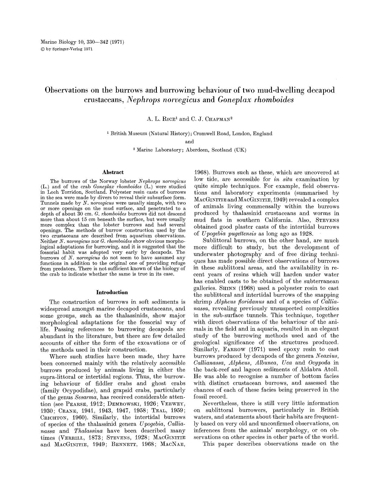 Observations on the burrows and burrowing behaviour of two mud-dwelling decapod crustaceans, <Emphasis Type="Italic">Nephrops norvegicus<Emphasis> and <Emphasis Type="Italic">Gonep by Unknown