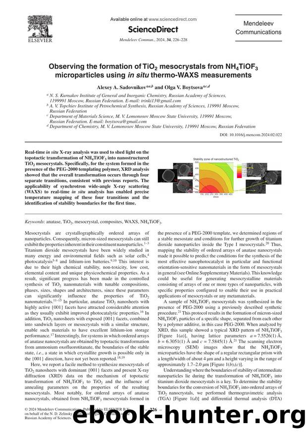 Observing the formation of TiO2 mesocrystals from NH4TiOF3 microparticles using in situ thermo-WAXS measurements by Alexey A. Sadovnikov & Olga V. Boytsova