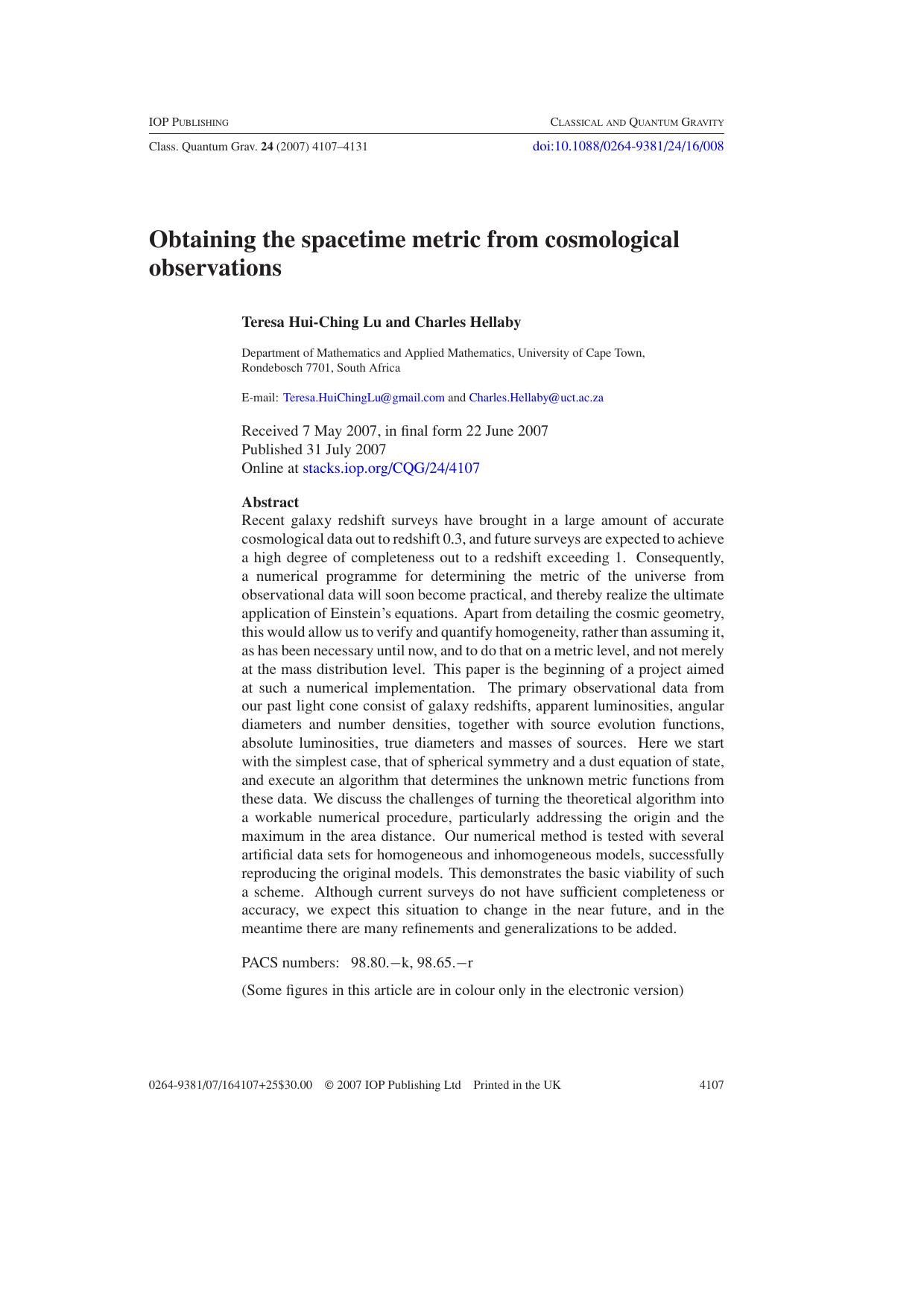 Obtaining the spacetime metric from cosmological observations by T H-C Lu & C Hellaby