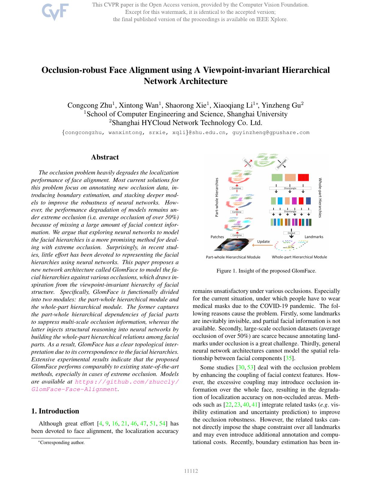 Occlusion-Robust Face Alignment Using a Viewpoint-Invariant Hierarchical Network Architecture by Congcong Zhu & Xintong Wan & Shaorong Xie & Xiaoqiang Li & Yinzheng Gu