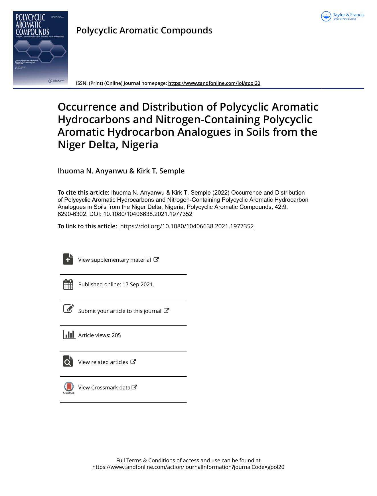 Occurrence and Distribution of Polycyclic Aromatic Hydrocarbons and Nitrogen-Containing Polycyclic Aromatic Hydrocarbon Analogues in Soils from the Niger Delta, Nigeria by Anyanwu Ihuoma N. & Semple Kirk T