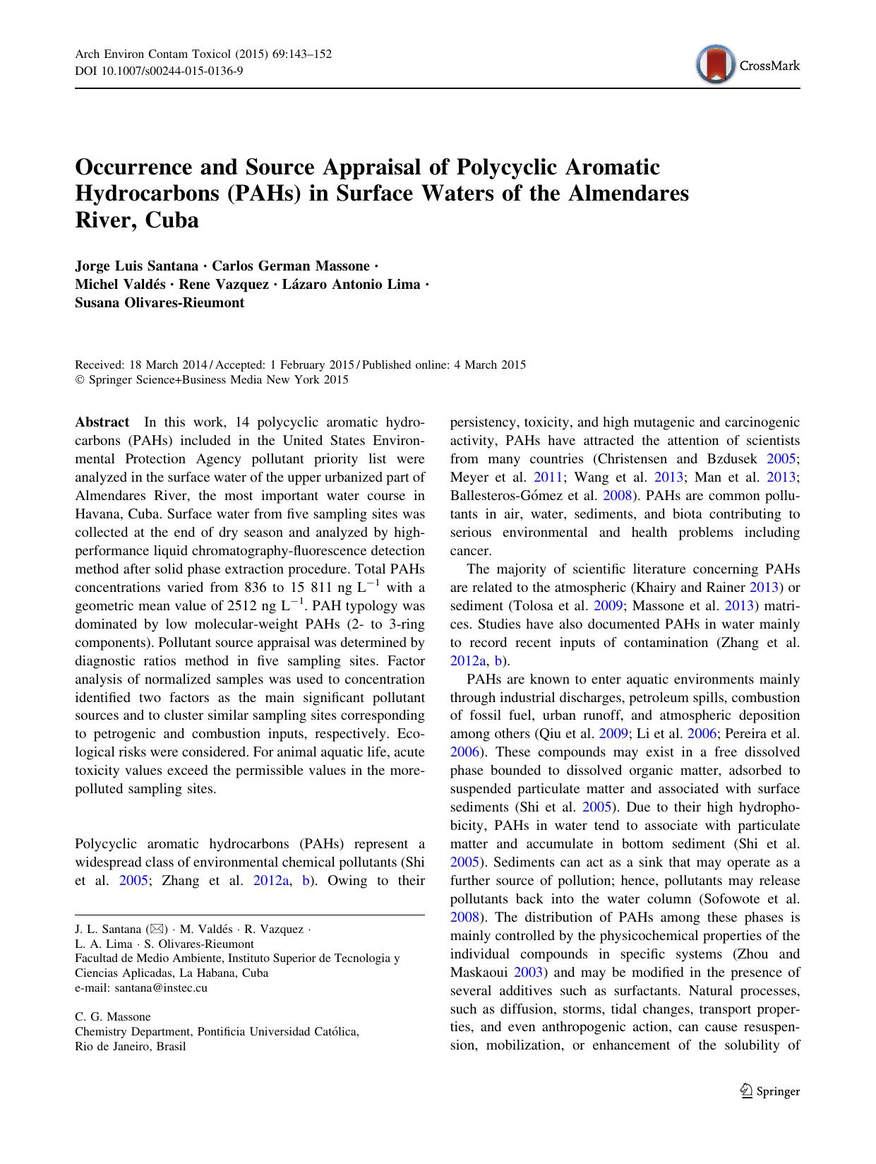 Occurrence and Source Appraisal of Polycyclic Aromatic Hydrocarbons (PAHs) in Surface Waters of the Almendares River, Cuba by unknow