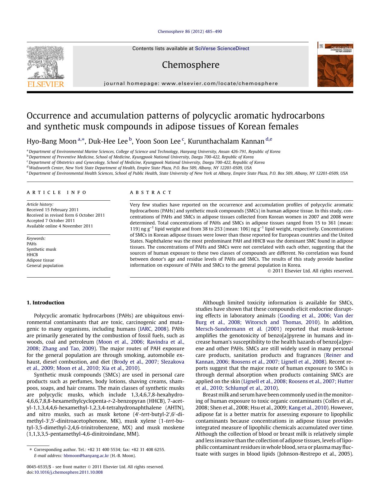 Occurrence and accumulation patterns of polycyclic aromatic hydrocarbons and synthetic musk compounds in adipose tissues of Korean females by Hyo-Bang Moon & Duk-Hee Lee & Yoon Soon Lee & Kurunthachalam Kannan