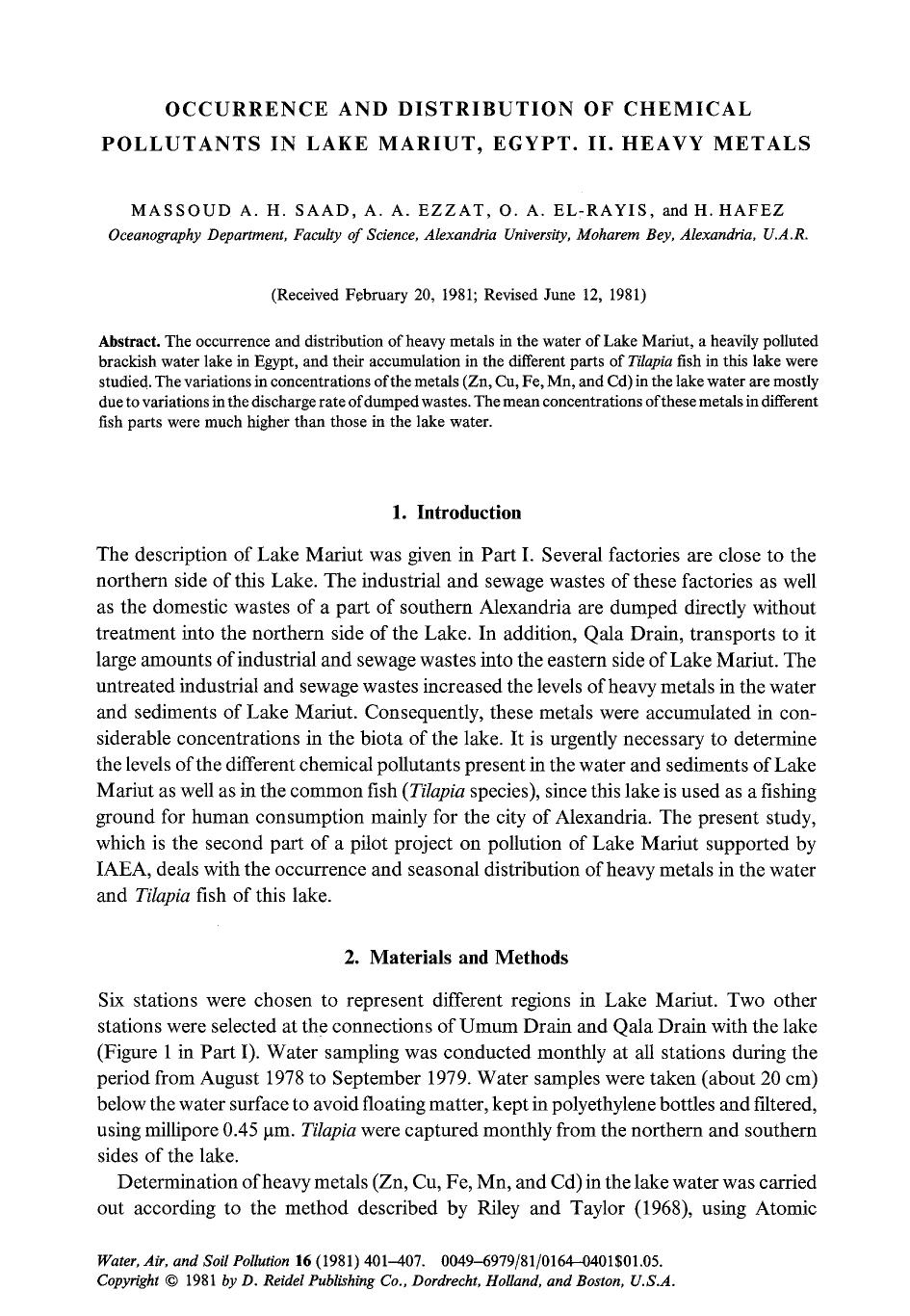 Occurrence and distribution of chemical pollutants in Lake Mariut, Egypt. II. Heavy metals by Unknown
