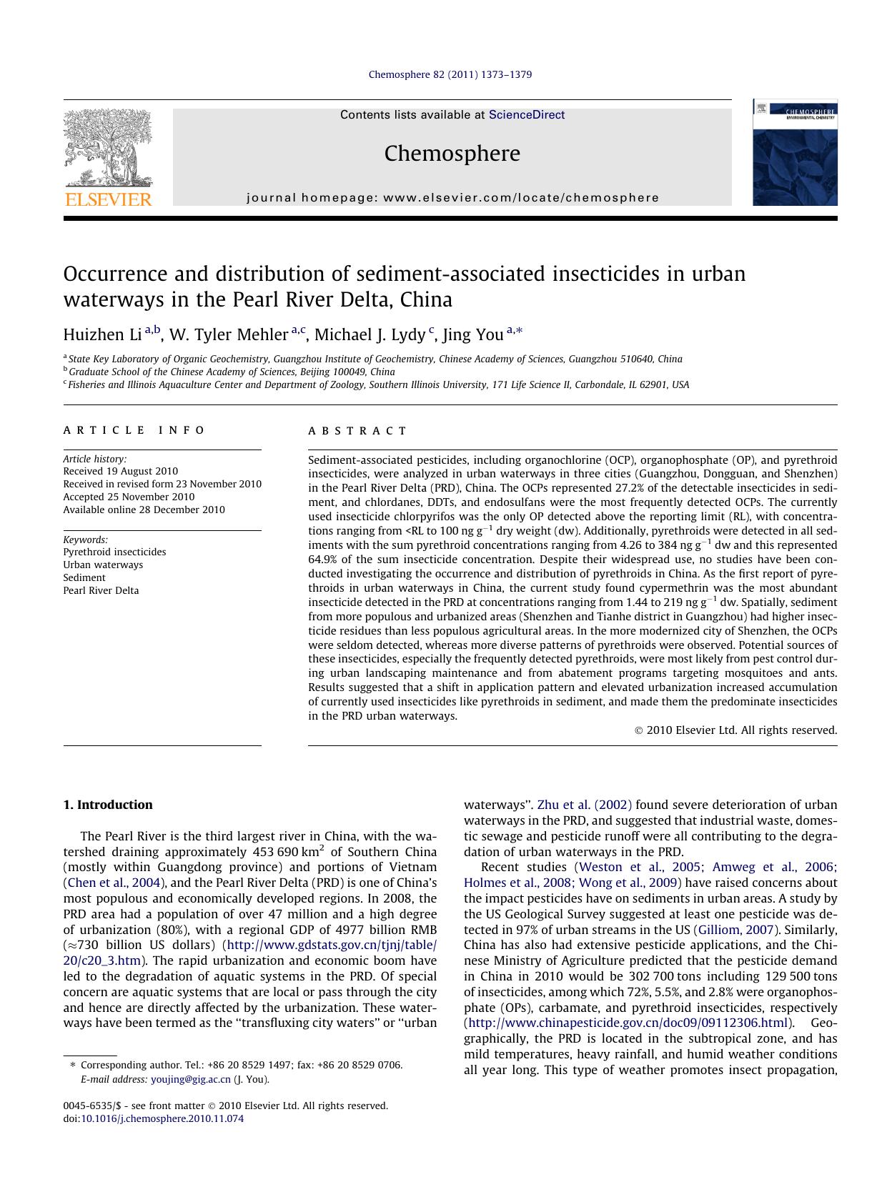 Occurrence and distribution of sediment-associated insecticides in urban waterways in the Pearl River Delta, China by Huizhen Li & W. Tyler Mehler & Michael J. Lydy & Jing You