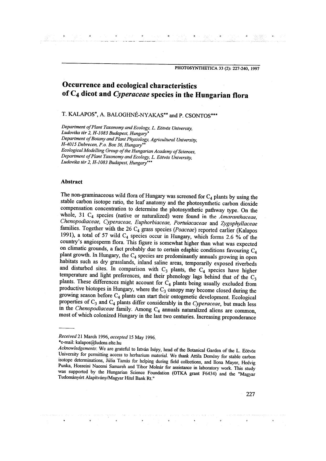 Occurrence and ecological characteristics of C4 dicot and Cyperaceae species in the Hungarian flora by Unknown