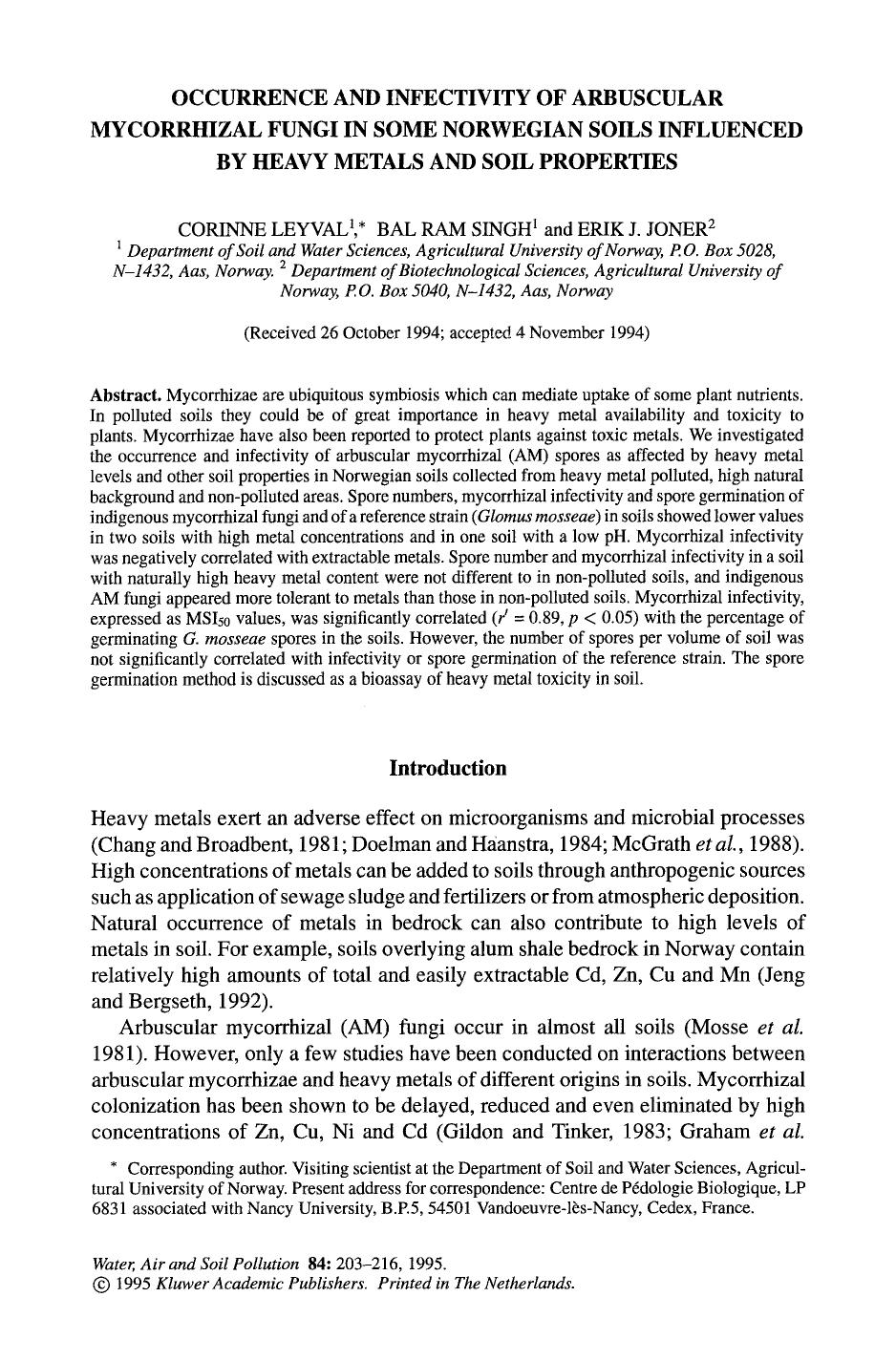 Occurrence and infectivity of arbuscular mycorrhizal fungi in some norwegian soils influenced by heavy metals and soil properties by Unknown
