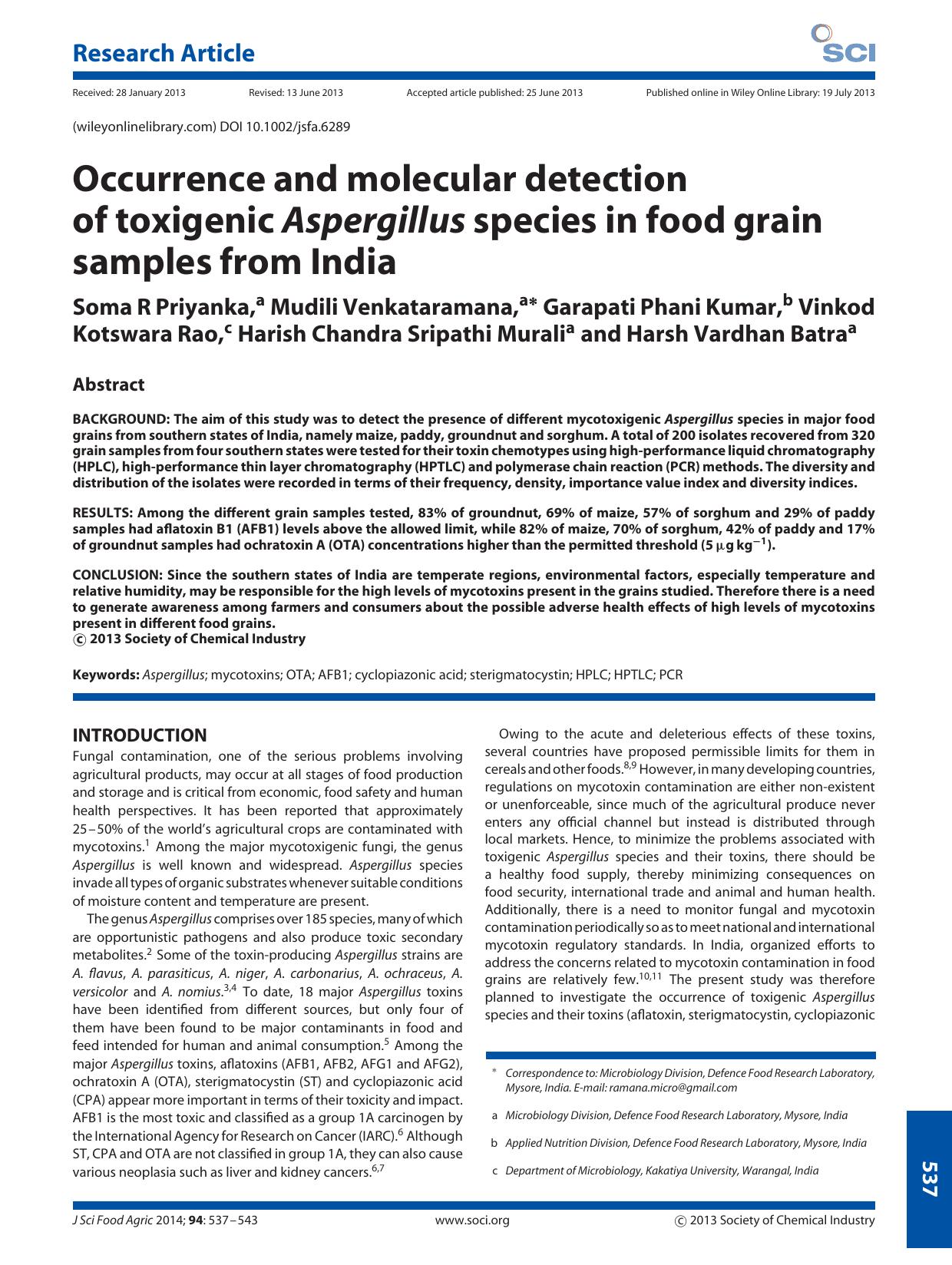Occurrence and molecular detection of toxigenic Aspergillus species in food grain samples from India by Unknown