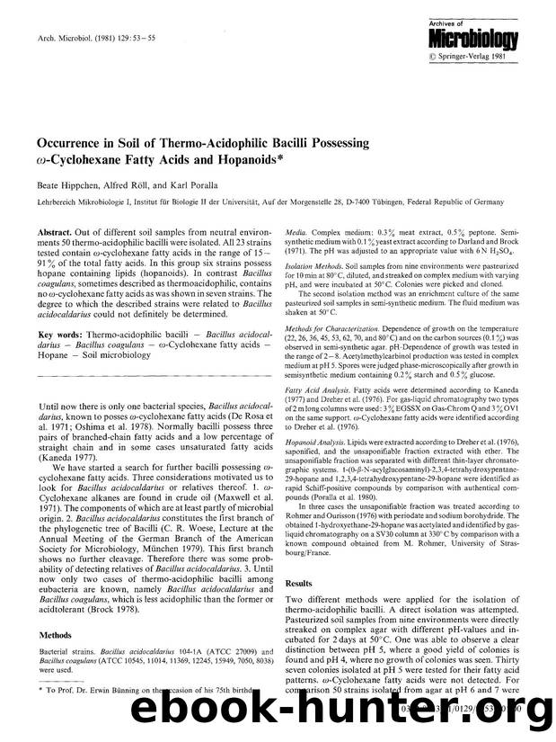 Occurrence in soil of thermo-acidophilic bacilli possessing &#x03C9;-cyclohexane fatty acids and hopanoids by Unknown