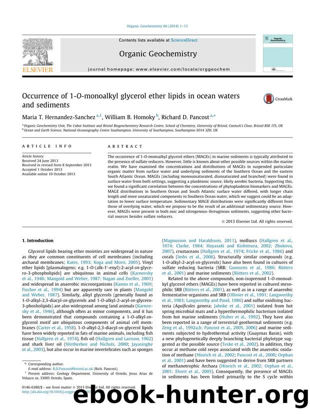 Occurrence of 1-O-monoalkyl glycerol ether lipids in ocean waters and sediments by Maria T. Hernandez-Sanchez & William B. Homoky & Richard D. Pancost