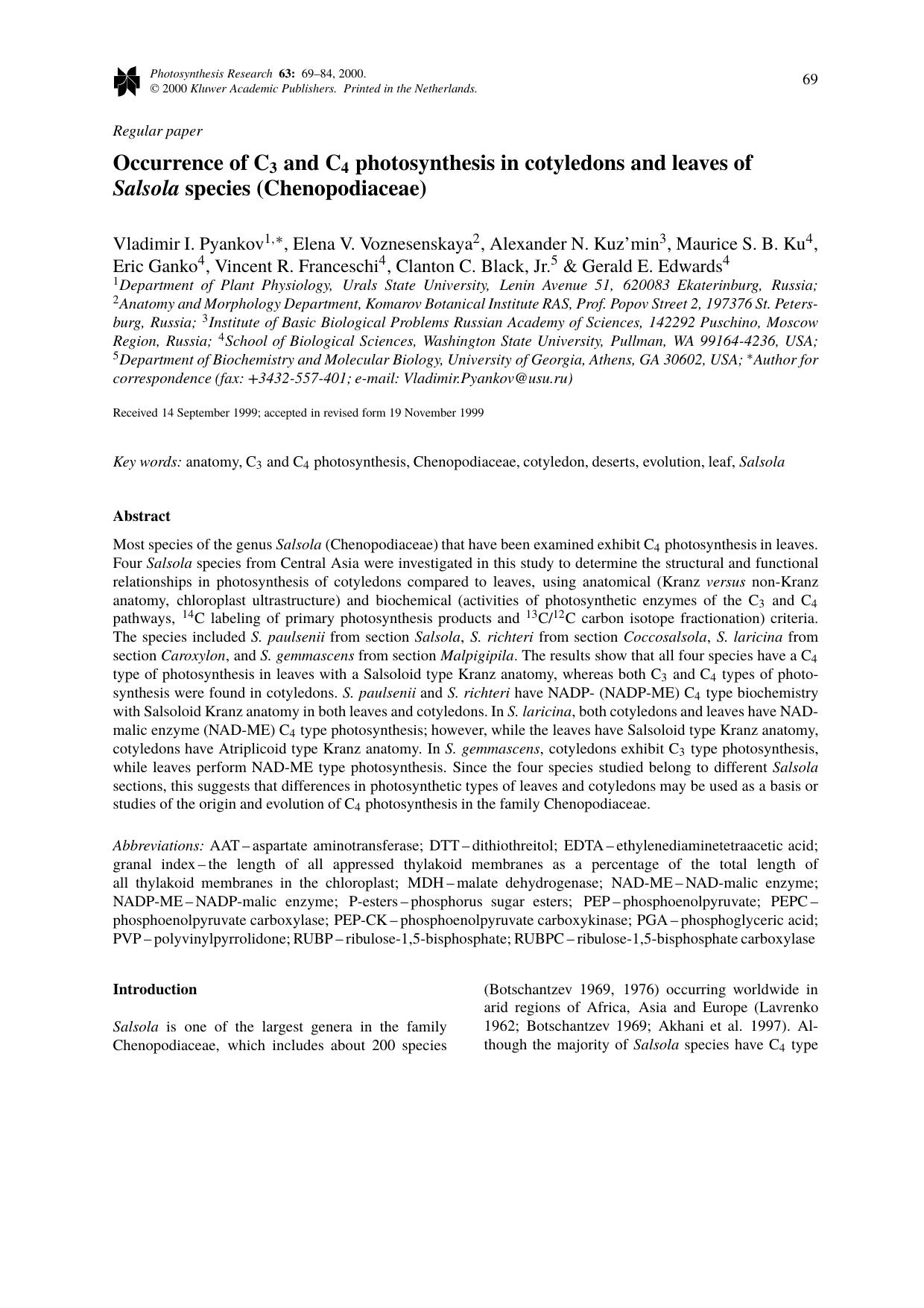 Occurrence of C3 and C4 photosynthesis in cotyledons and leaves of Salsola species (Chenopodiaceae) by Unknown