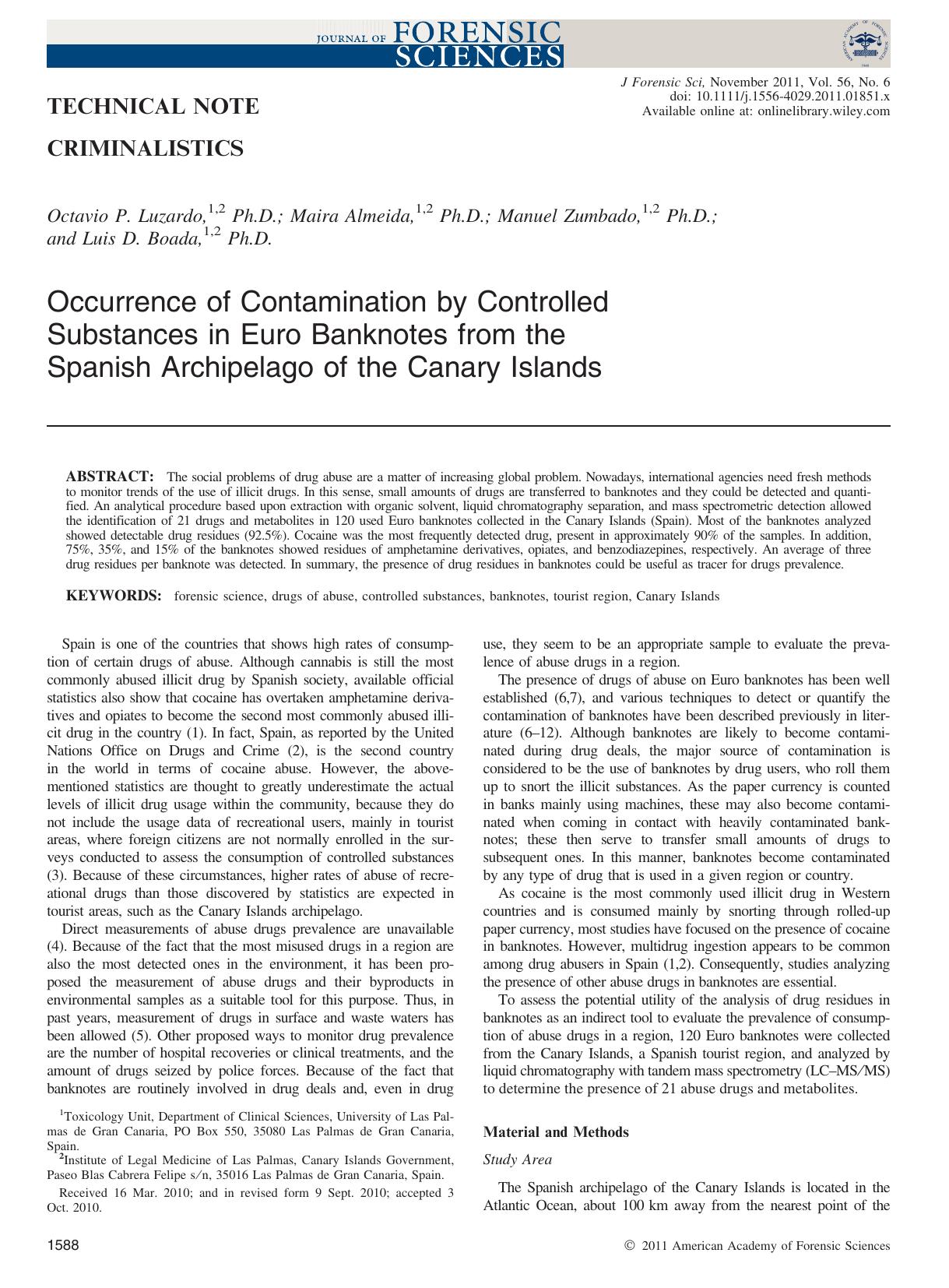 Occurrence of Contamination by Controlled Substances in Euro Banknotes from the Spanish Archipelago of the Canary Islands by Unknown