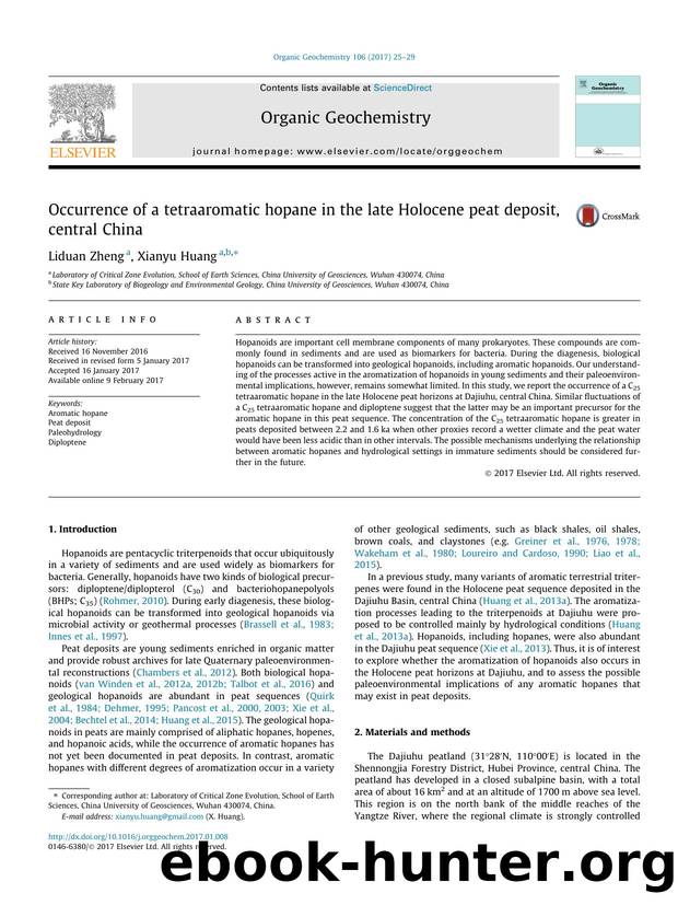 Occurrence of a tetraaromatic hopane in the late Holocene peat deposit, central China by Liduan Zheng & Xianyu Huang