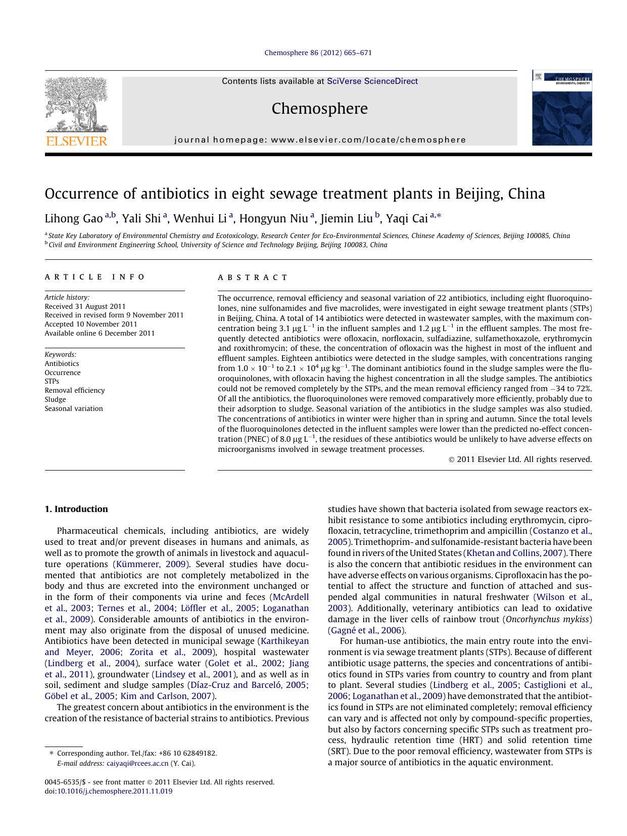 Occurrence of antibiotics in eight sewage treatment plants in Beijing, China by Lihong Gao & Yali Shi & Wenhui Li & Hongyun Niu & Jiemin Liu & Yaqi Cai