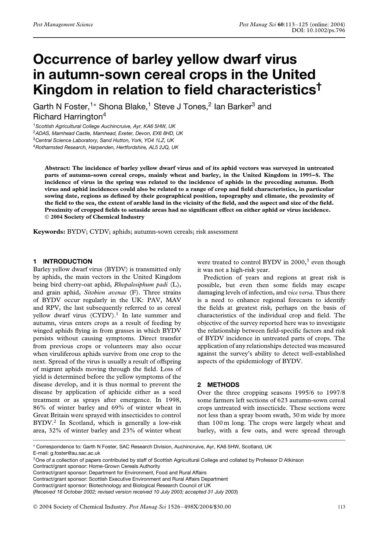 Occurrence of barley yellow dwarf virus in autumn-sown cereal crops in the United Kingdom in relation to field characteristics by Unknown