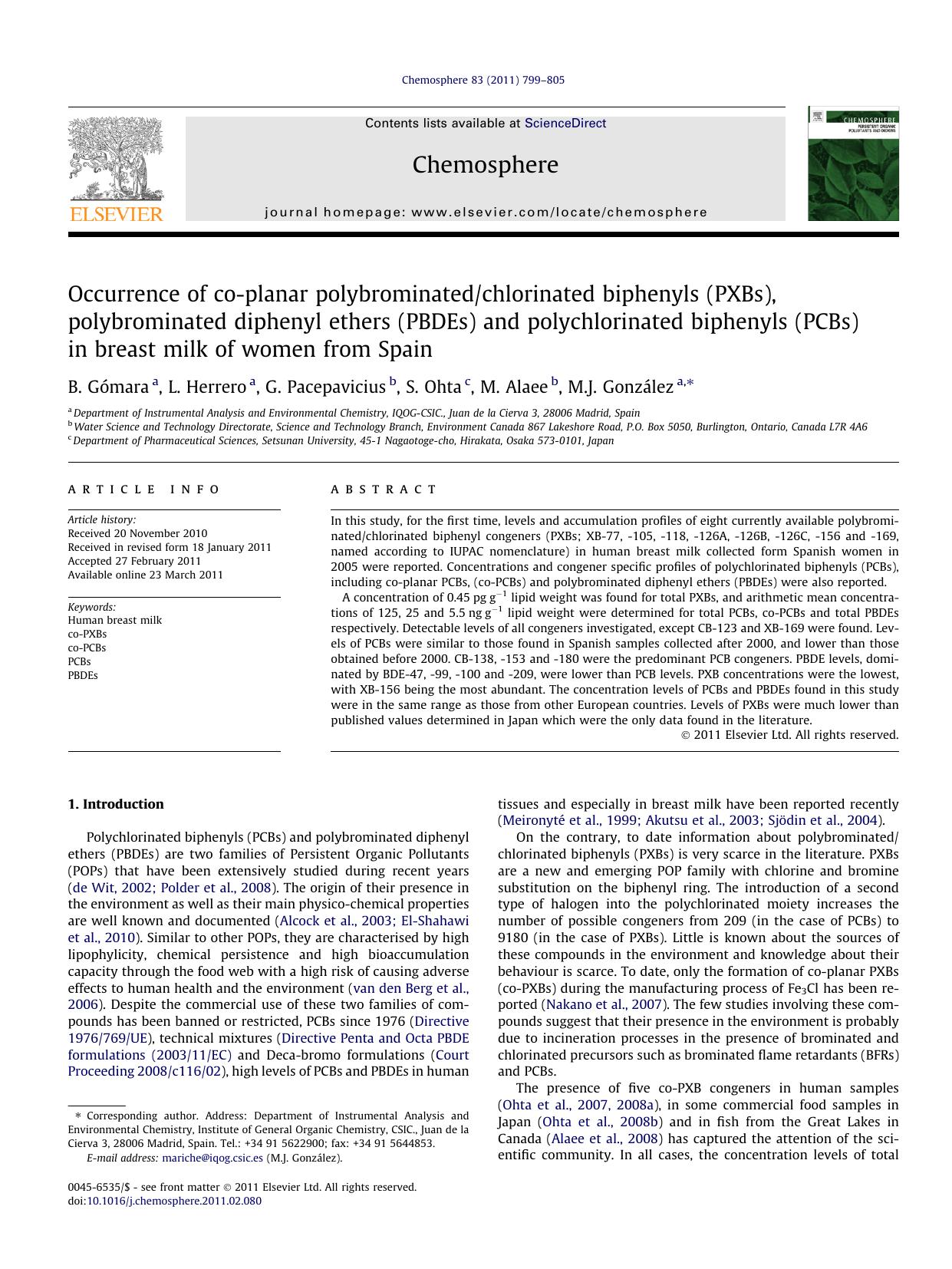 Occurrence of co-planar polybrominatedchlorinated biphenyls (PXBs), polybrominated diphenyl ethers (PBDEs) and polychlorinated biphenyls (PCBs) in breast milk of women from Spain by B. GÃ³mara & L. Herrero & G. Pacepavicius & S. Ohta & M. Alaee & M.J. González