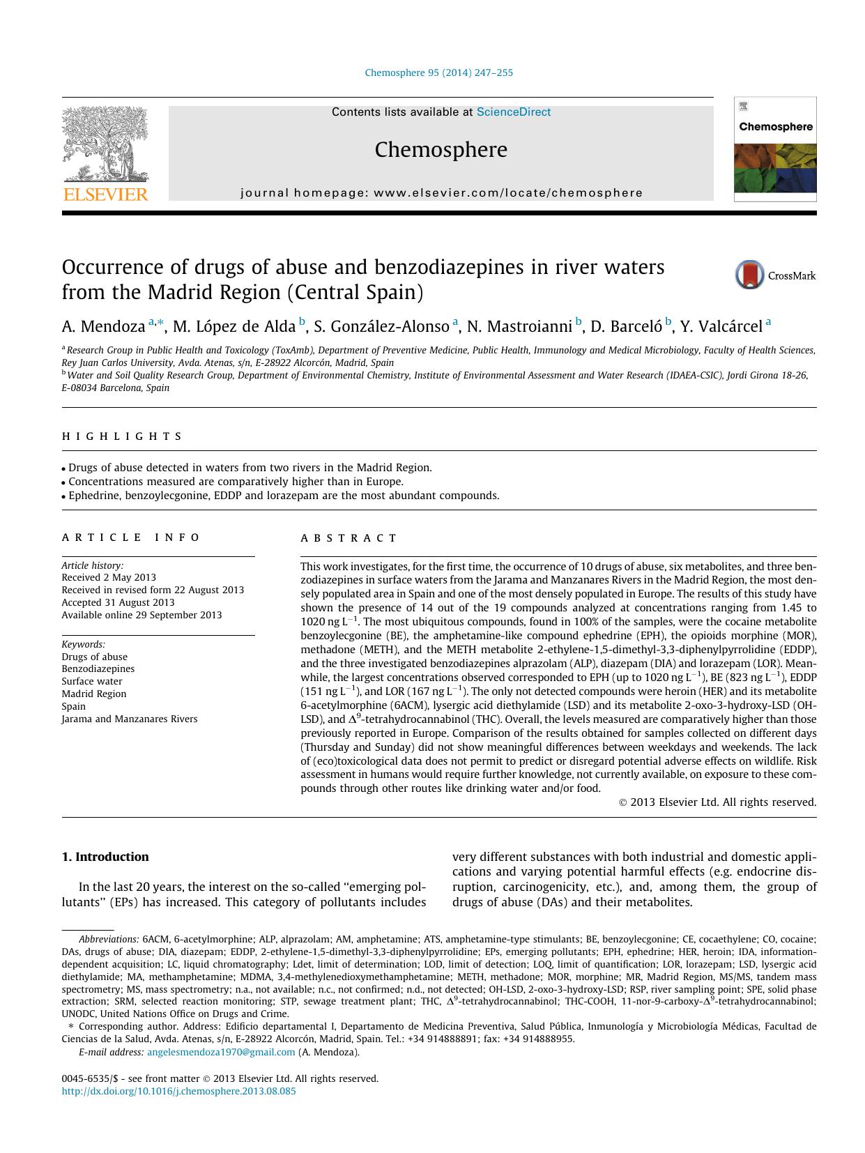 Occurrence of drugs of abuse and benzodiazepines in river waters from the Madrid Region (Central Spain) by A. Mendoza & M. López de Alda & S. González-Alonso & N. Mastroianni & D. Barceló & Y. Valcárcel