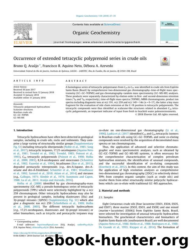 Occurrence of extended tetracyclic polyprenoid series in crude oils by Bruno Q. AraÃºjo & Francisco R. Aquino Neto & Débora A. Azevedo