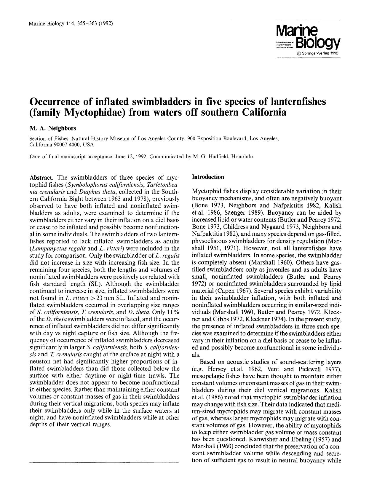 Occurrence of inflated swimbladders in five species of lanternfishes (family Myctophidae) from waters off southern California by Unknown