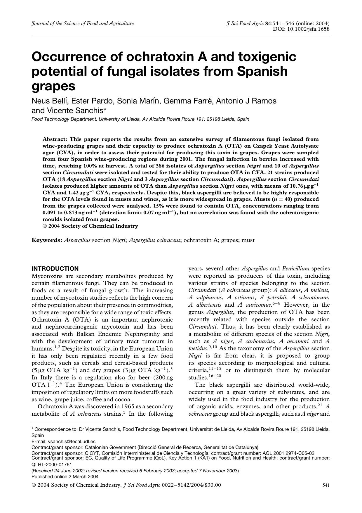 Occurrence of ochratoxin A and toxigenic potential of fungal isolates from Spanish grapes by Unknown