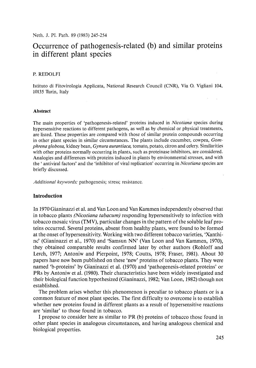 Occurrence of pathogenesis-related (b) and similar proteins in different plant species by Unknown