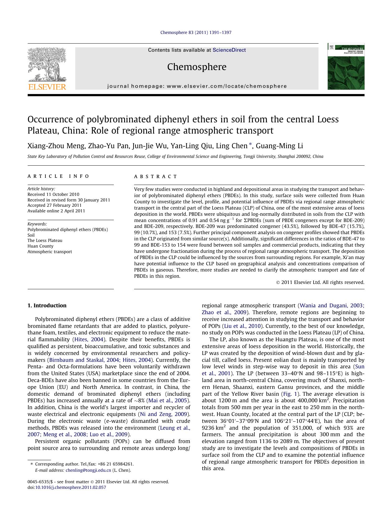 Occurrence of polybrominated diphenyl ethers in soil from the central Loess Plateau, China: Role of regional range atmospheric transport by Xiang-Zhou Meng & Zhao-Yu Pan & Jun-Jie Wu & Yan-Ling Qiu & Ling Chen & Guang-Ming Li