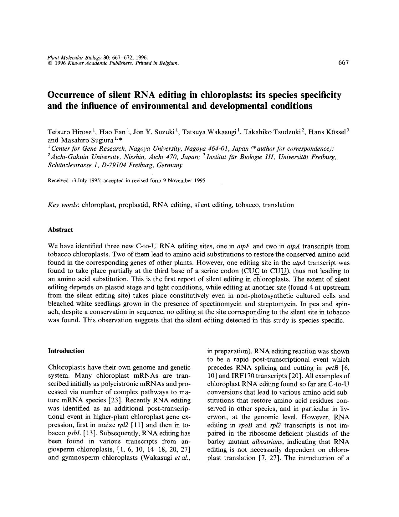 Occurrence of silent RNA editing in chloroplasts: its species specificity and the influence of environmental and developmental conditions by Unknown