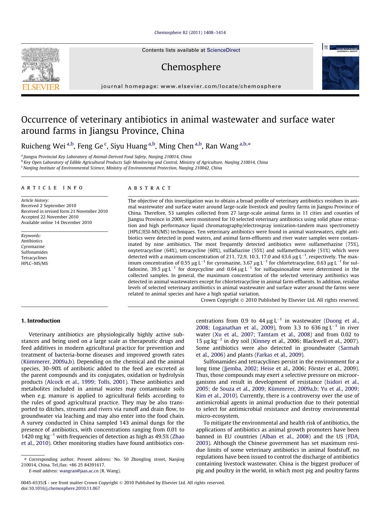 Occurrence of veterinary antibiotics in animal wastewater and surface water around farms in Jiangsu Province, China by Ruicheng Wei & Feng Ge & Siyu Huang & Ming Chen & Ran Wang