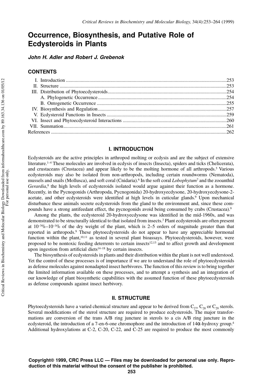 Occurrence, Biosynthesis, and Putative Role of Ecdysteroids in Plants by John H. Adler & Robert J. Grebenok