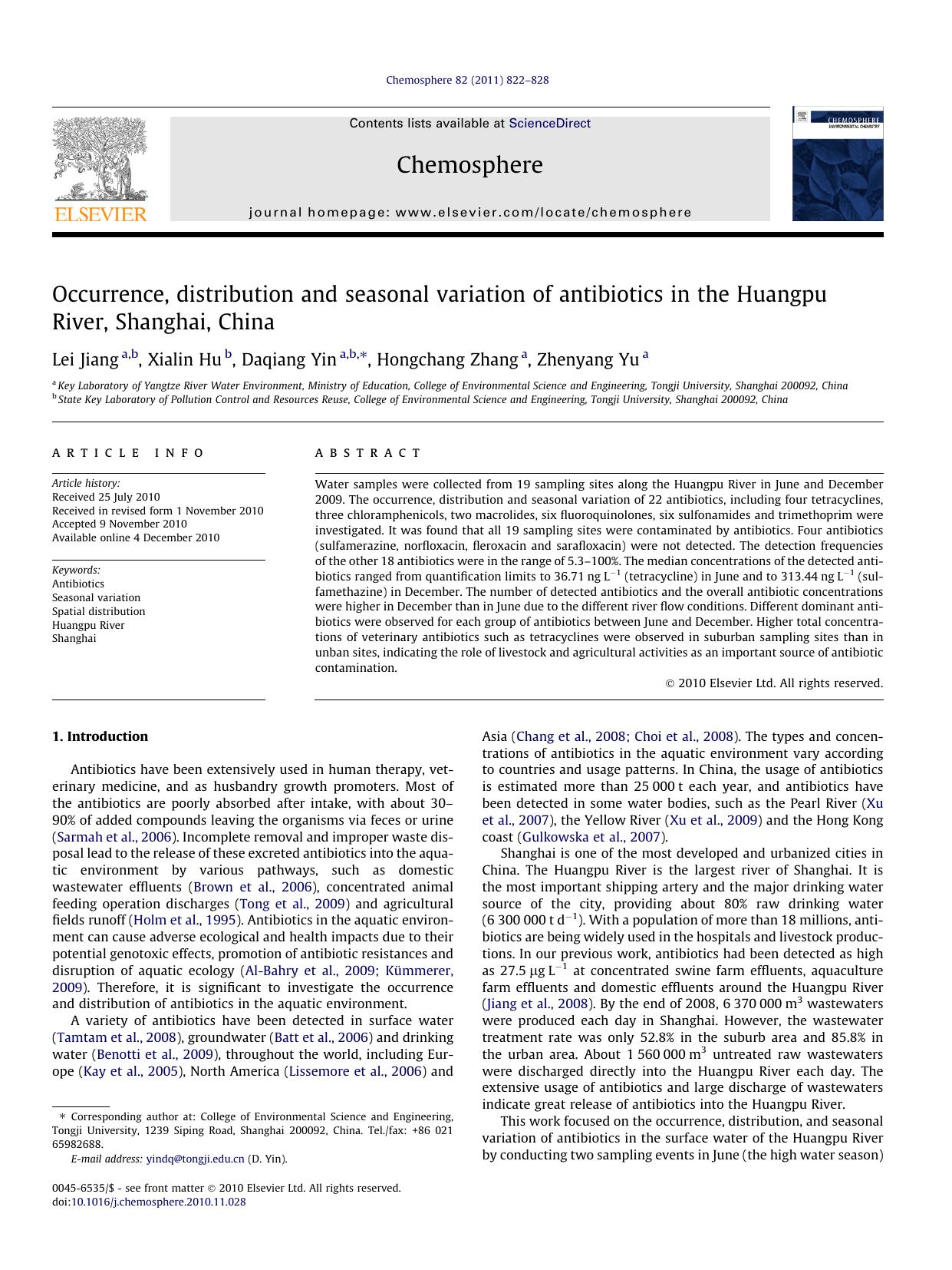 Occurrence, distribution and seasonal variation of antibiotics in the Huangpu River, Shanghai, China by Lei Jiang & Xialin Hu & Daqiang Yin & Hongchang Zhang & Zhenyang Yu