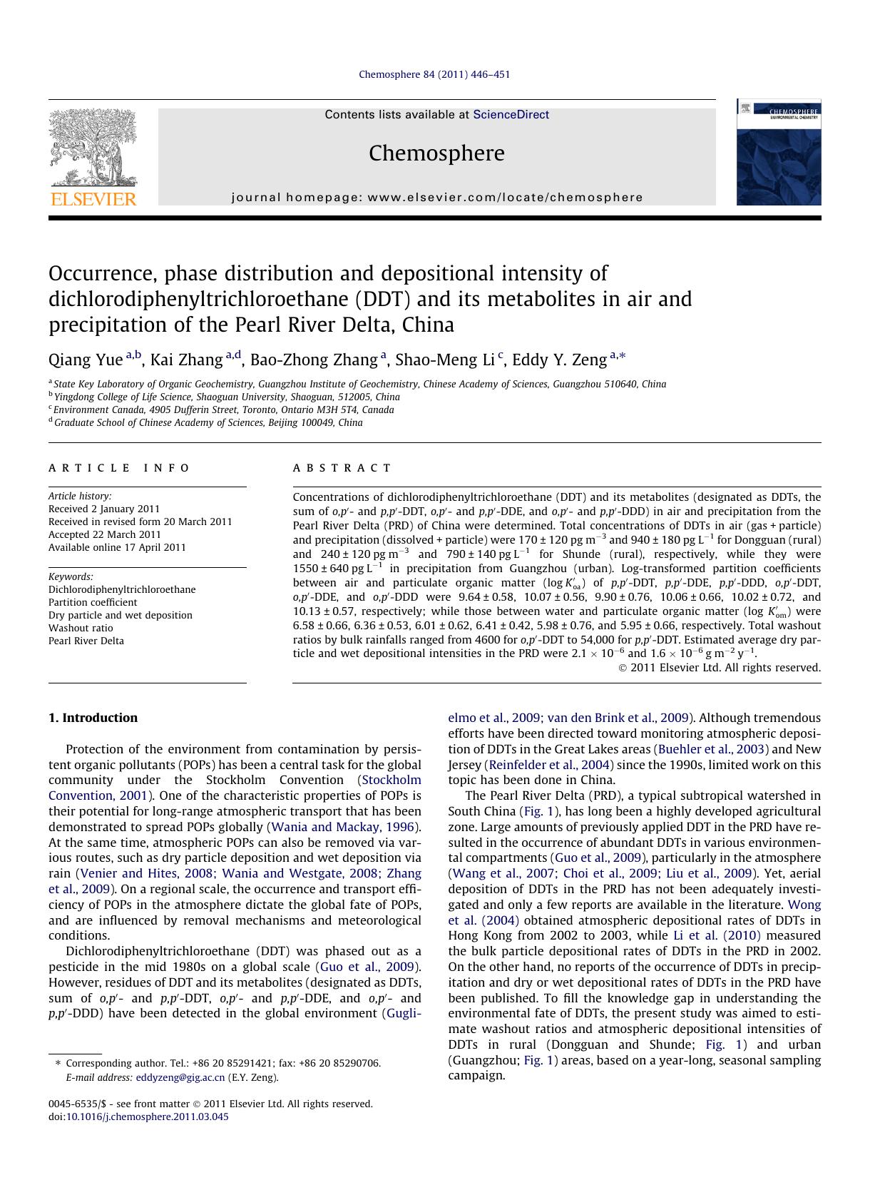 Occurrence, phase distribution and depositional intensity of dichlorodiphenyltrichloroethane (DDT) and its metabolites in air and precipitation of the Pearl River Delta, China by Qiang Yue & Kai Zhang & Bao-Zhong Zhang & Shao-Meng Li & Eddy Y. Zeng