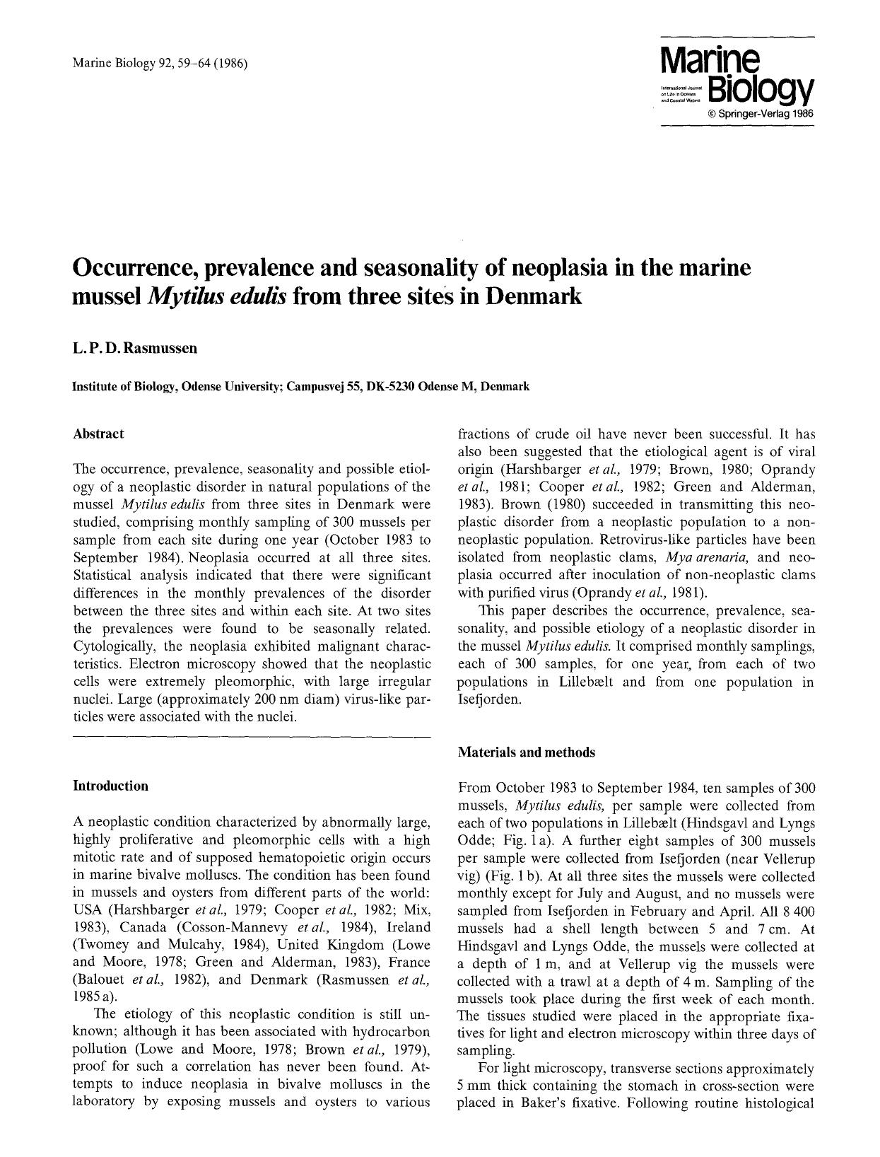 Occurrence, prevalence and seasonality of neoplasia in the marine mussel <Emphasis Type="Italic">Mytilus edulis<Emphasis> from three sites in Denmark by Unknown